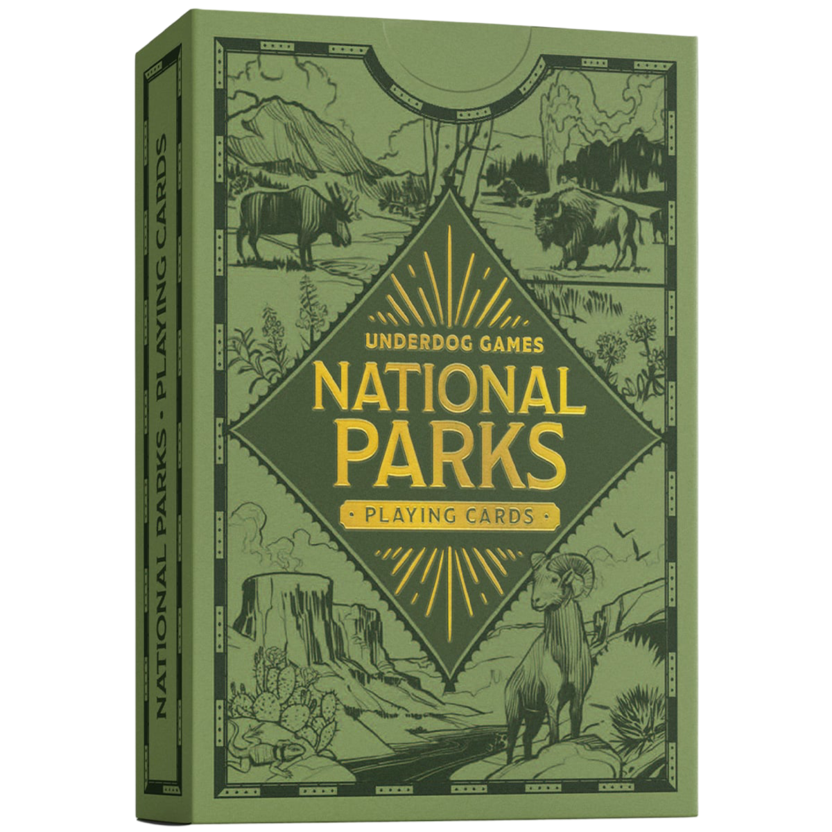 Green box of National Parks-themed playing cards with wildlife illustrations.