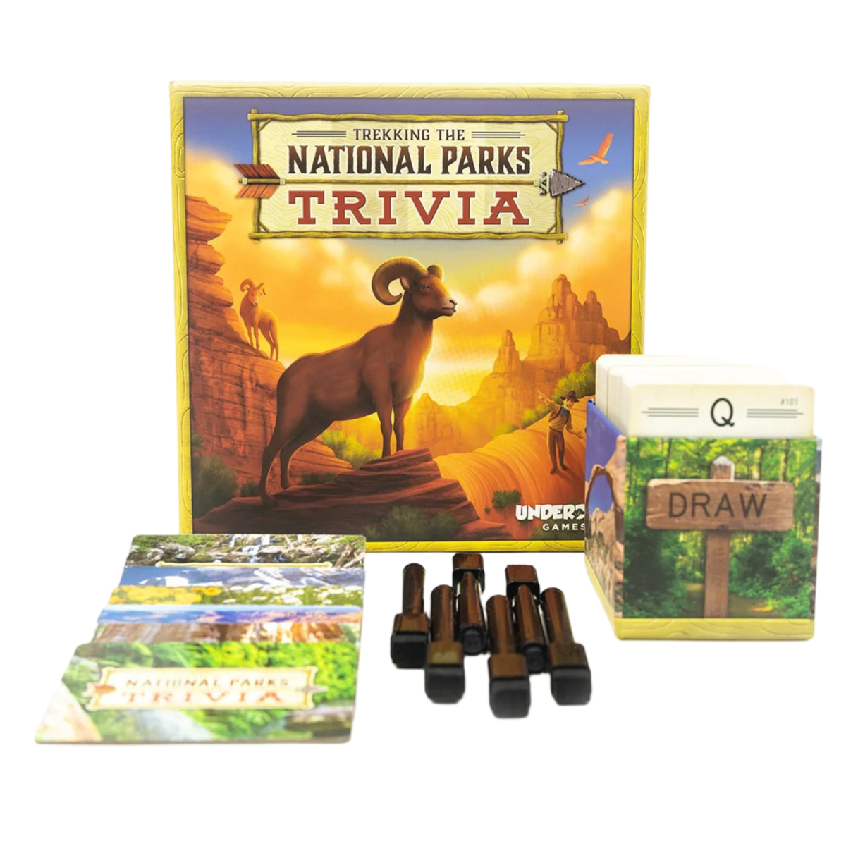 Box cover for 'Trekking the National Parks Trivia' board game featuring a desert scene with bighorn sheep.