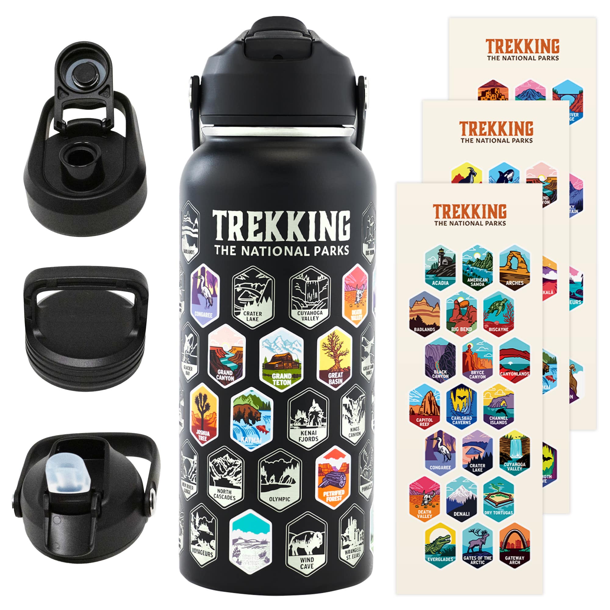 'Trekking-themed water bottle with national park stickers and interchangeable lids.'