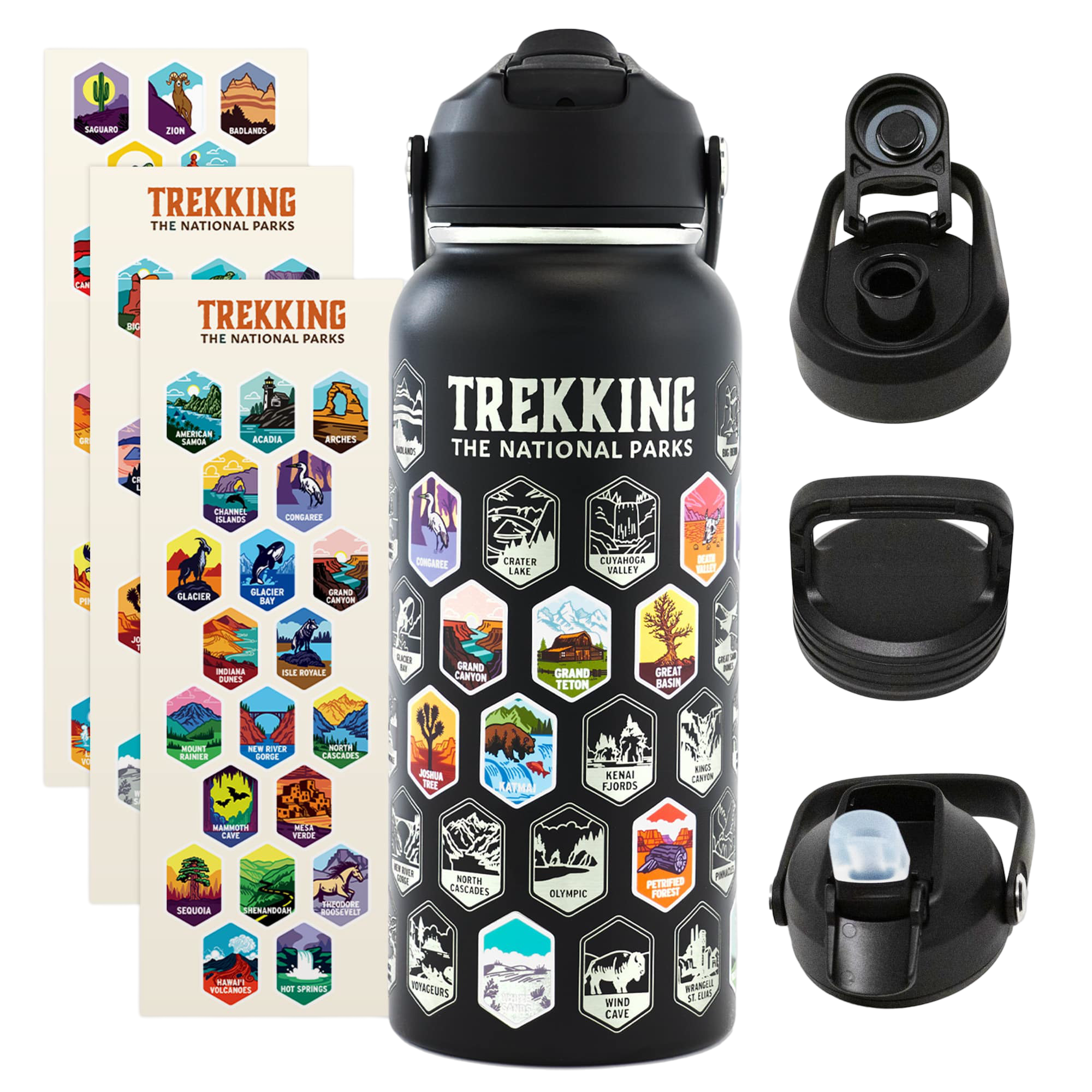 'Trekking water bottle with national park stickers and various lid options.'