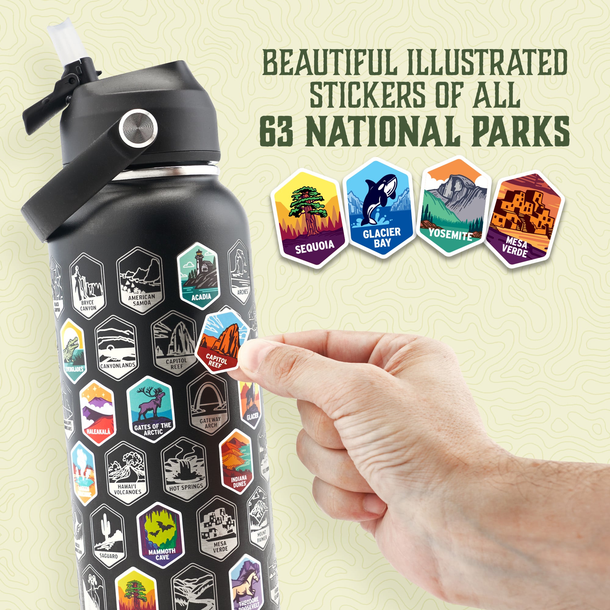 Board game 'Trekking the National Parks' with game pieces, board map, cards, and tokens displayed.