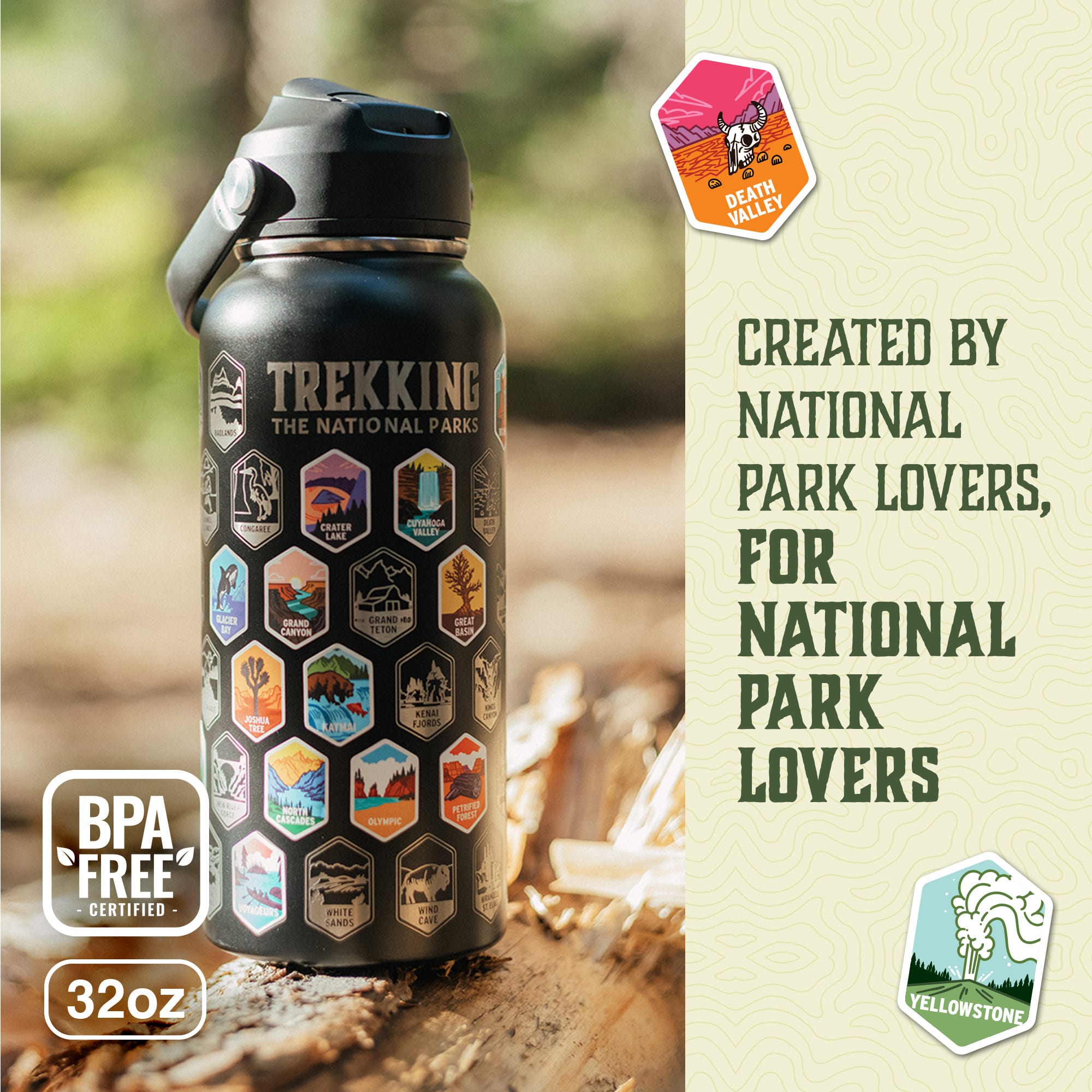 Stainless steel water bottle featuring national park designs on a wooden surface, labeled 'BPA Free.'