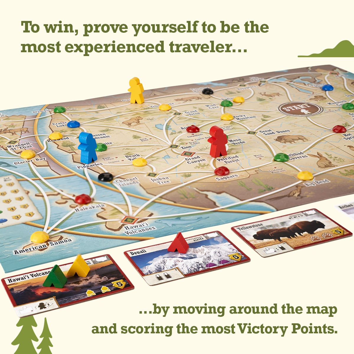 Board game 'Trekking the National Parks' with game pieces, board map, cards, and tokens displayed.